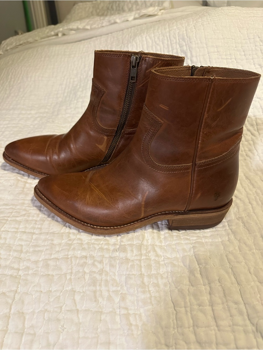 Frye Women's Brown Leather Pointed Toe Ankle Boots with Side Zip